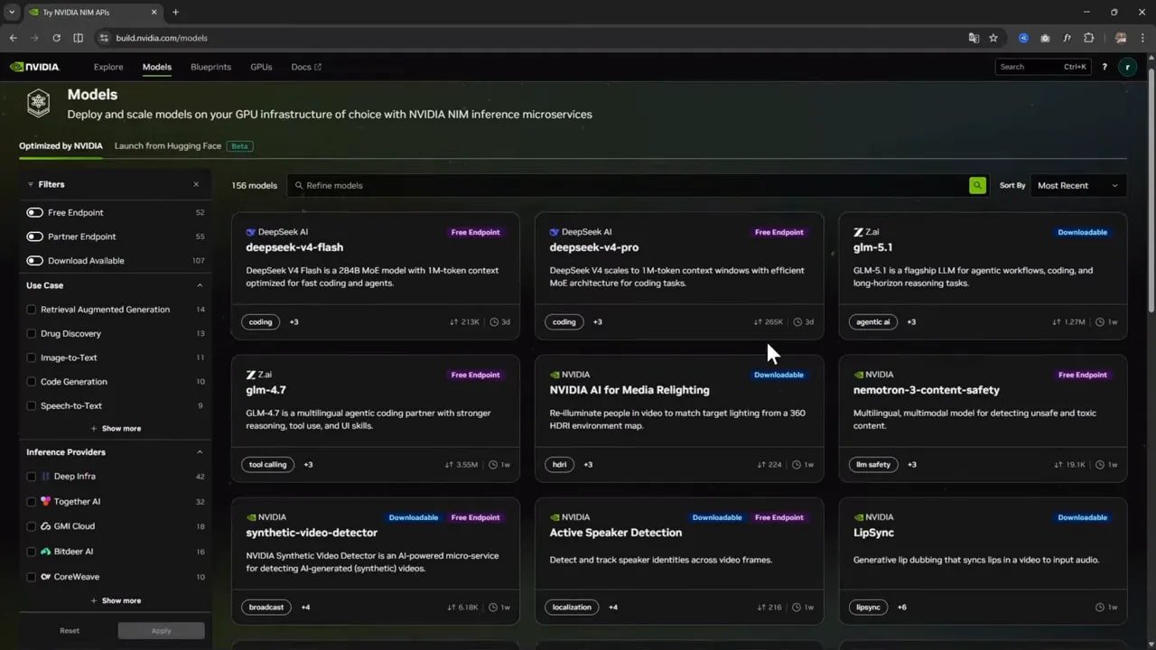Sección Models de NVIDIA Build con filtros y tarjetas de modelos disponibles