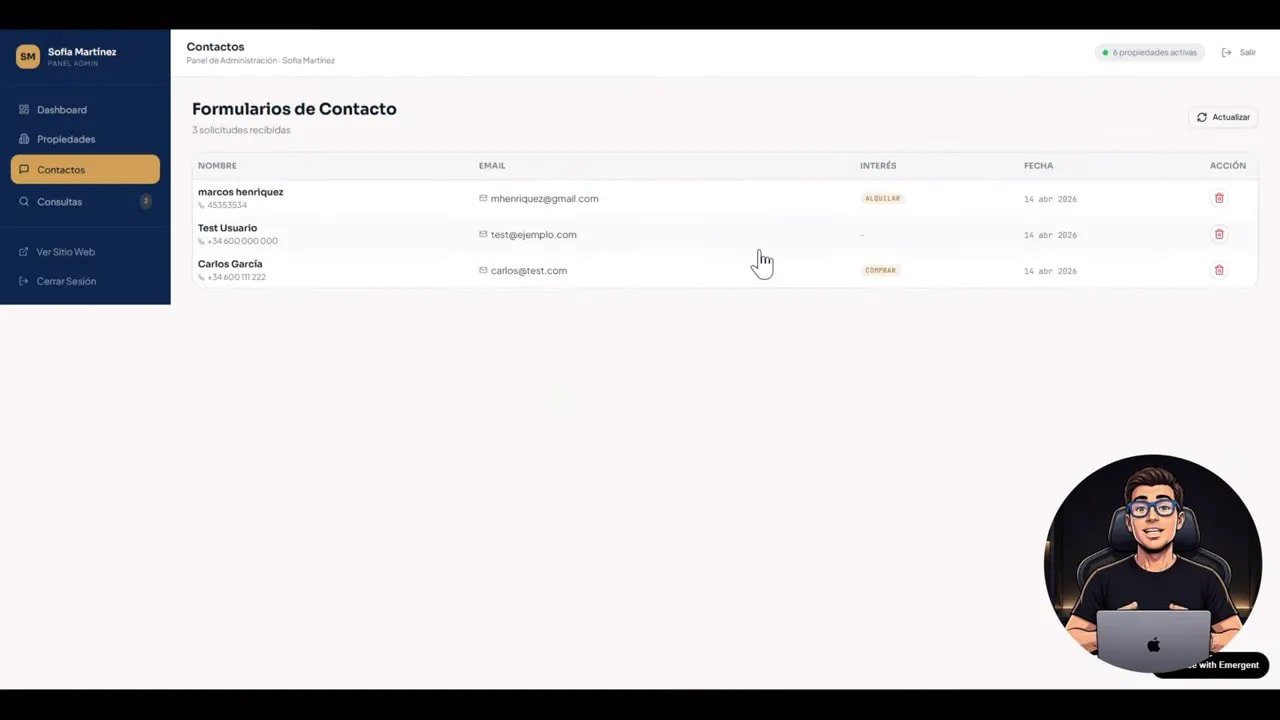 Panel de administración con listado de formularios de contacto recibidos