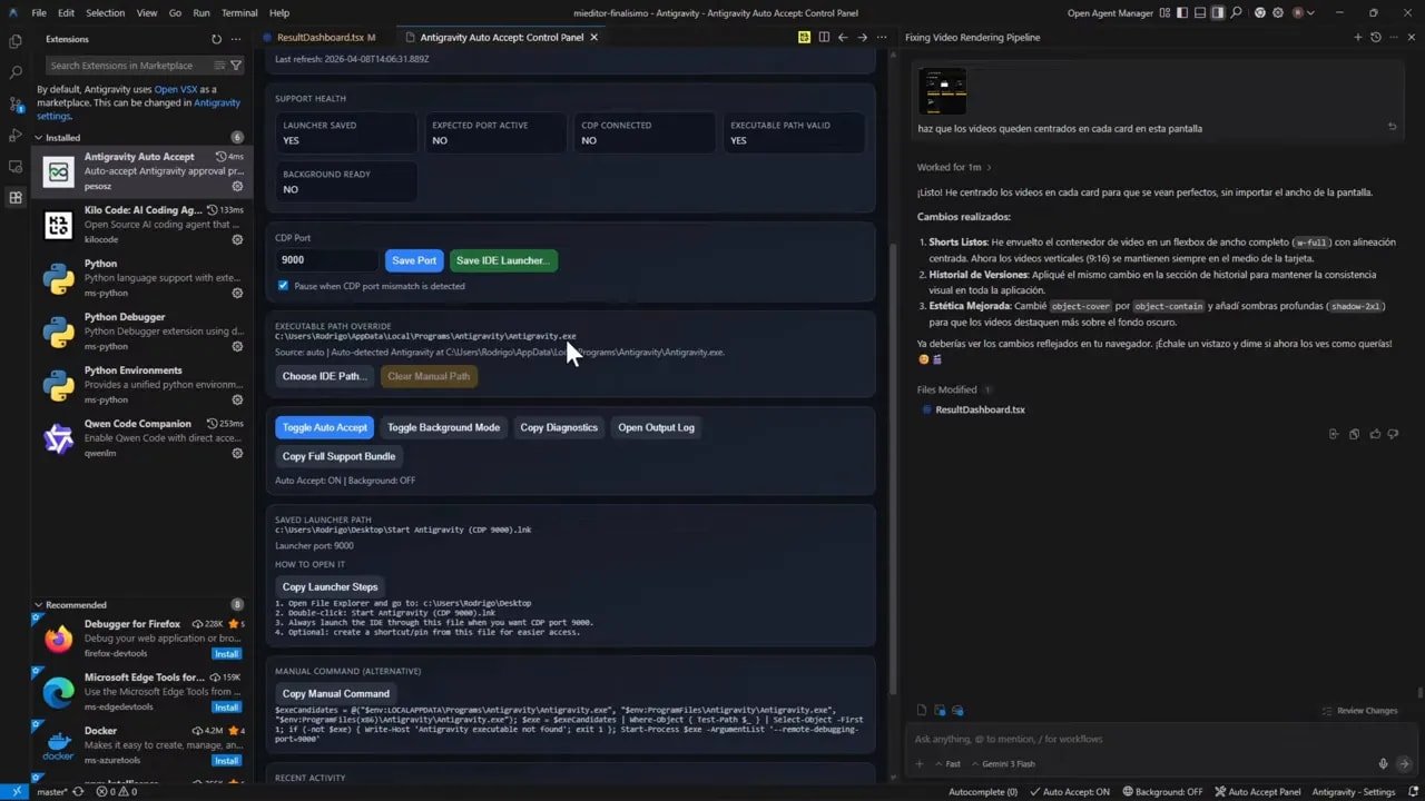 Panel de Antigravity Auto Accept mostrando el estado de CDP conectado y la configuración del launcher