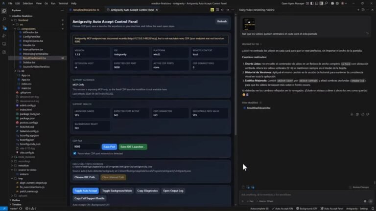 Panel de Antigravity Auto Accept mostrando el estado y la opción de auto aceptación