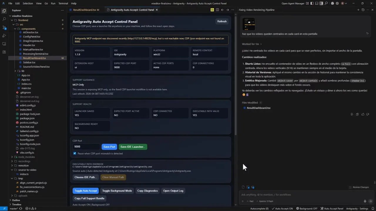 Panel de Antigravity Auto Accept mostrando el estado y la opción de auto aceptación