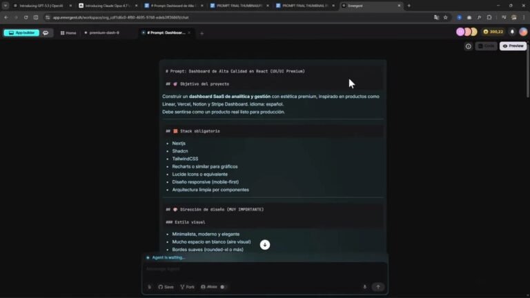 GPT 5.5 vs Claude Opus 4.7: creé 4 apps y esto fue lo que pasó 7 Prompt del dashboard en Emergent con objetivo, stack obligatorio y estilo visual