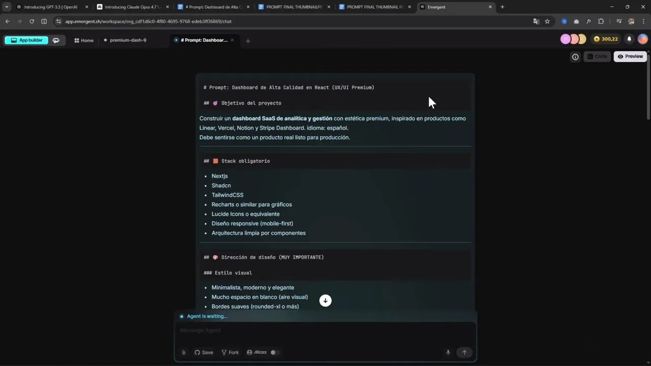 Prompt del dashboard en Emergent con objetivo, stack obligatorio y estilo visual