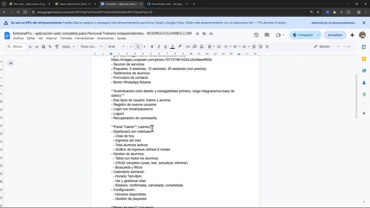 Detalle del prompt con métricas del panel, calendario y estados para Ente­naPro
