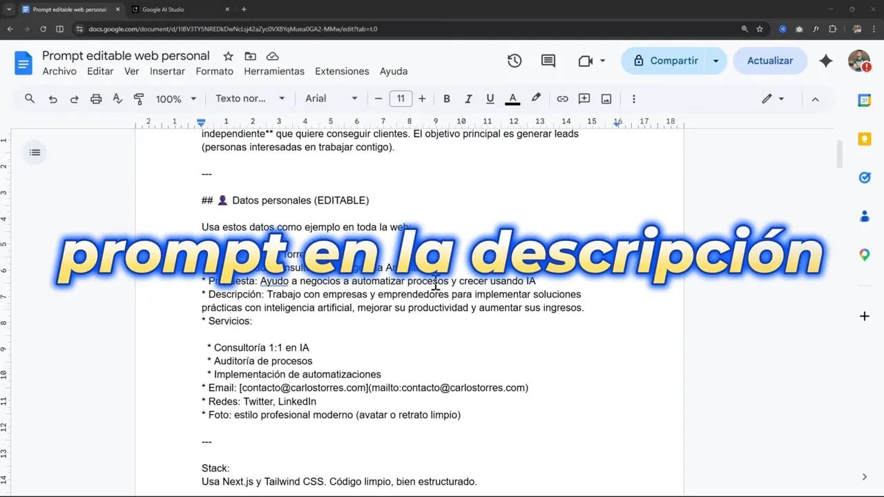 Documento con prompt editable para web personal: sección de datos y propósito de generar leads