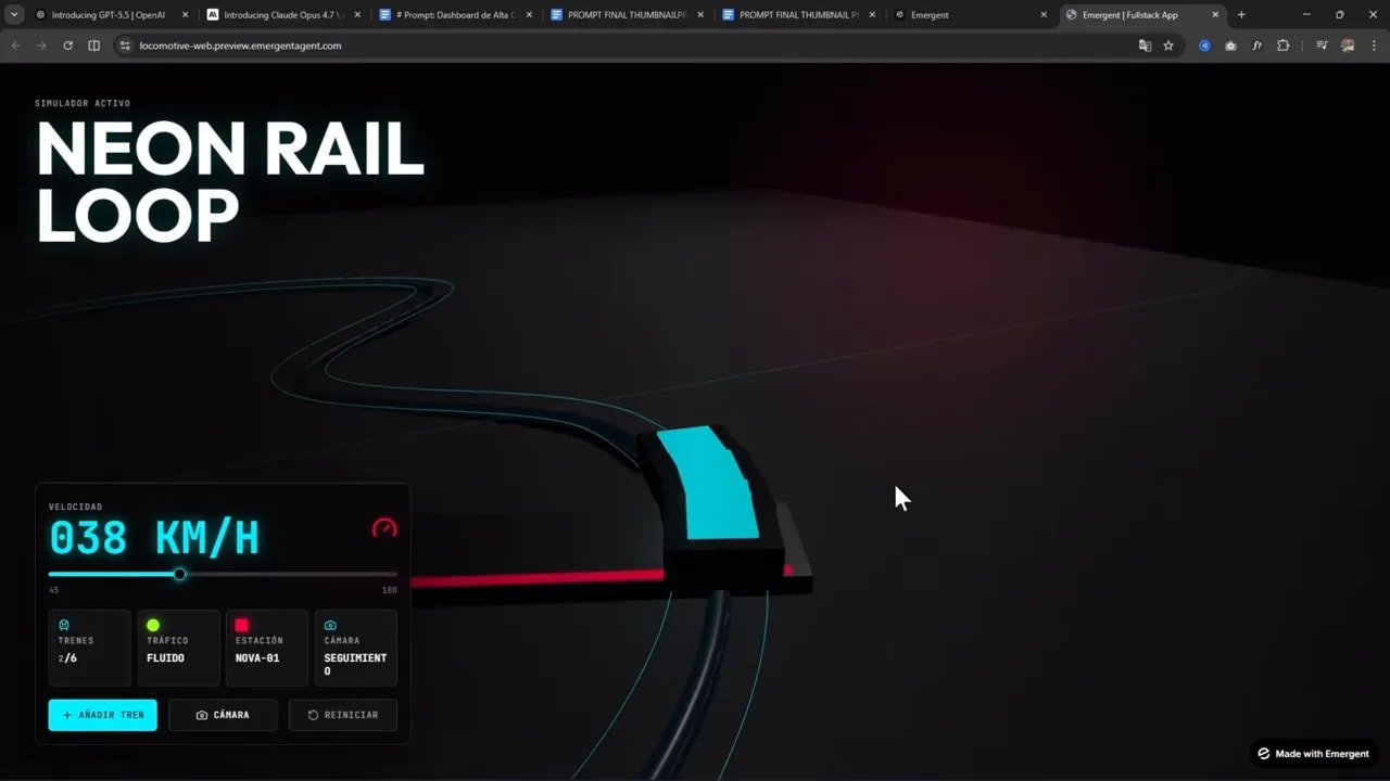 Captura de la simulación 3D Neon Rail Loop con controles de velocidad y cámara