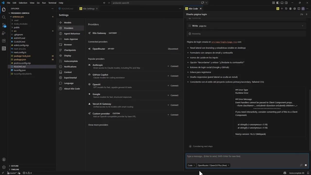 Kilo Code en VS Code mostrando configuración de proveedores OpenRouter y el error de runtime en el componente de login