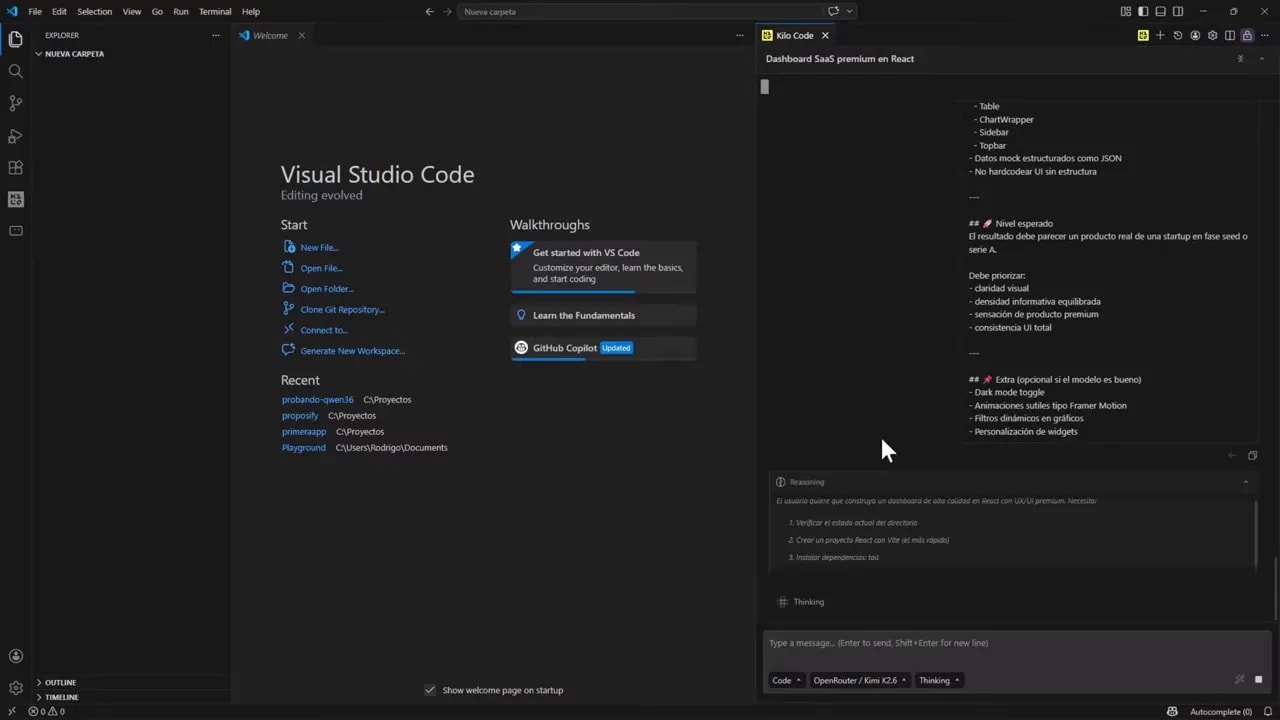 Kimi K2.6: ¿mejor que Claude Opus 4.7? Lo probé creando una app web y esto encontré 2 VS Code con Kilo Code mostrando estado de razonamiento durante la ejecución del prompt en Kimi K2.6