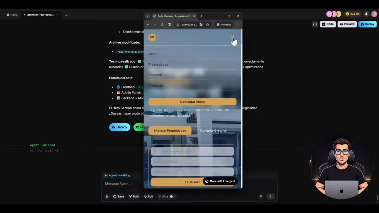 Menú y navegación responsive en móvil de una web inmobiliaria creada con Emergent