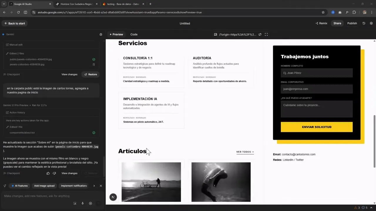 Vista previa de una web personal generada con IA en Google AI Studio: sección de servicios y formulario de contacto