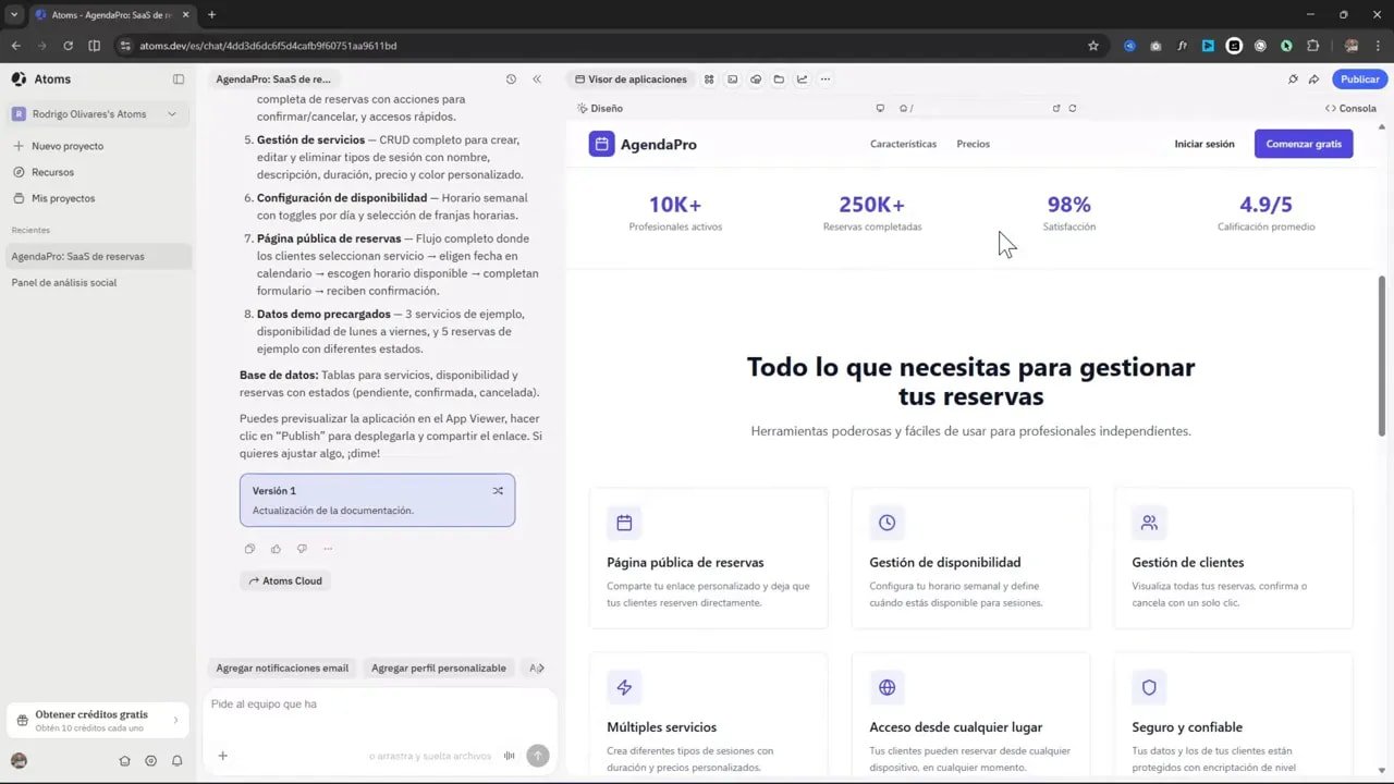 Le pasé mi idea a Atoms y creó una app SaaS completa 4 Vista de la app AgendaPro creada por Atoms con sección de diseño y contenido de la landing para gestionar reservas