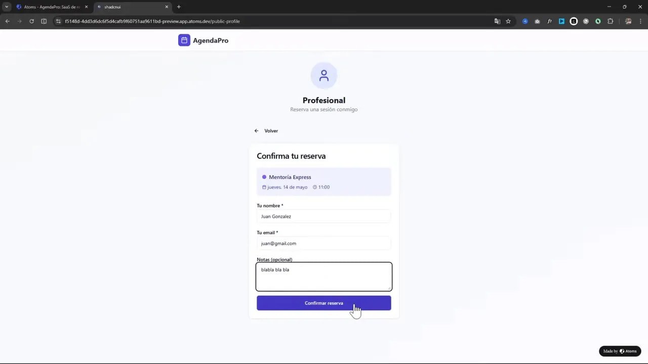 Le pasé mi idea a Atoms y creó una app SaaS completa 8 AgendaPro página pública con formulario de confirmación de reserva y botón de confirmar