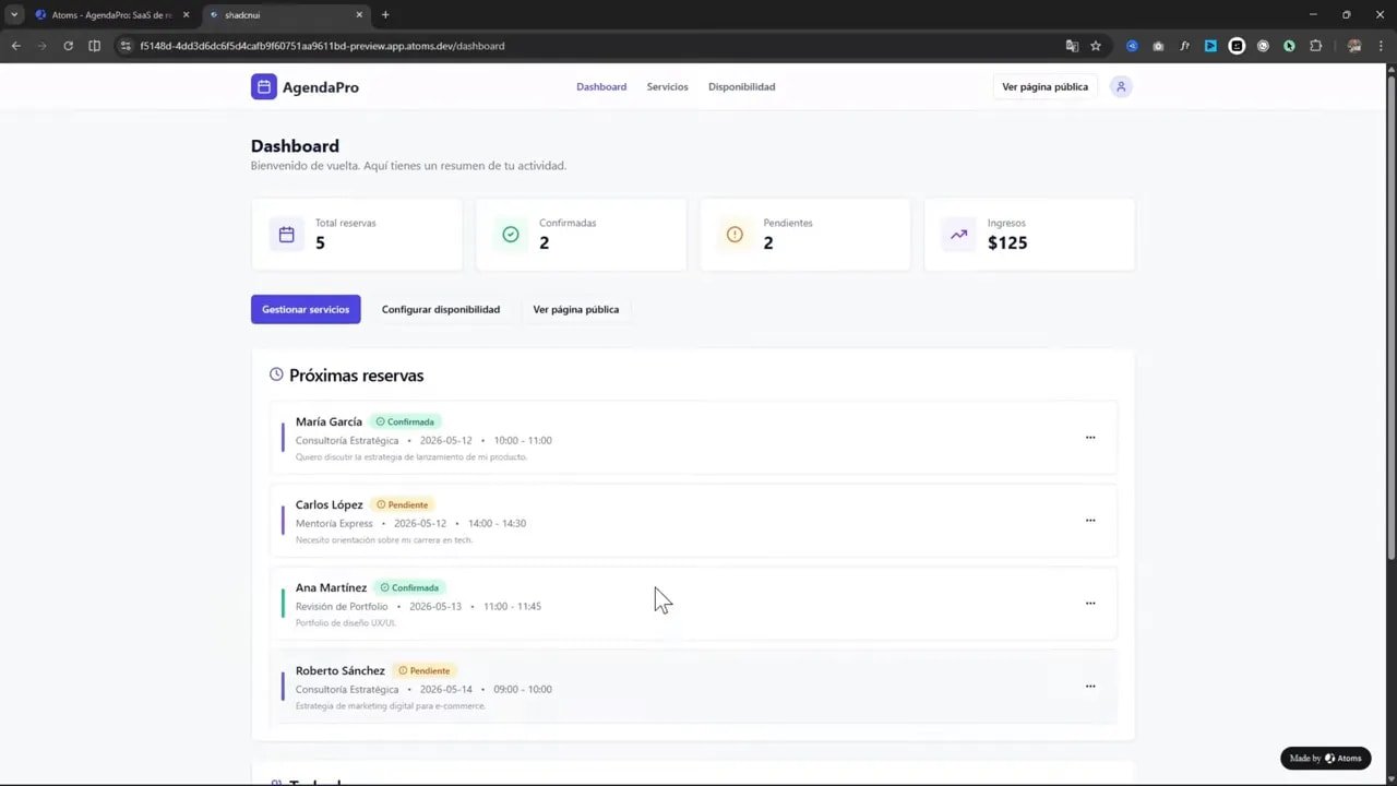 Le pasé mi idea a Atoms y creó una app SaaS completa 6 Dashboard AgendaPro con KPIs de reservas y lista de próximas reservas