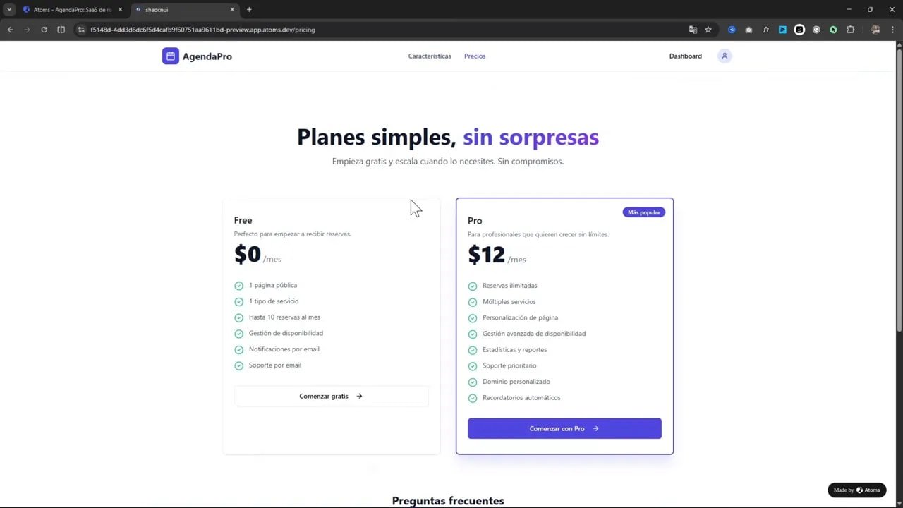 Le pasé mi idea a Atoms y creó una app SaaS completa 5 Página de precios de AgendaPro con planes Free y Pro y sus características