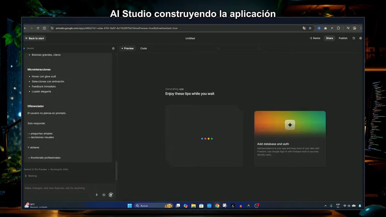 Creando una App de Miniaturas de YouTube con IA usando Google AI Studio 1 Captura de AI Studio construyendo la aplicación con Gemini, pantalla de vista previa mostrando “Generating these tips while you wait”