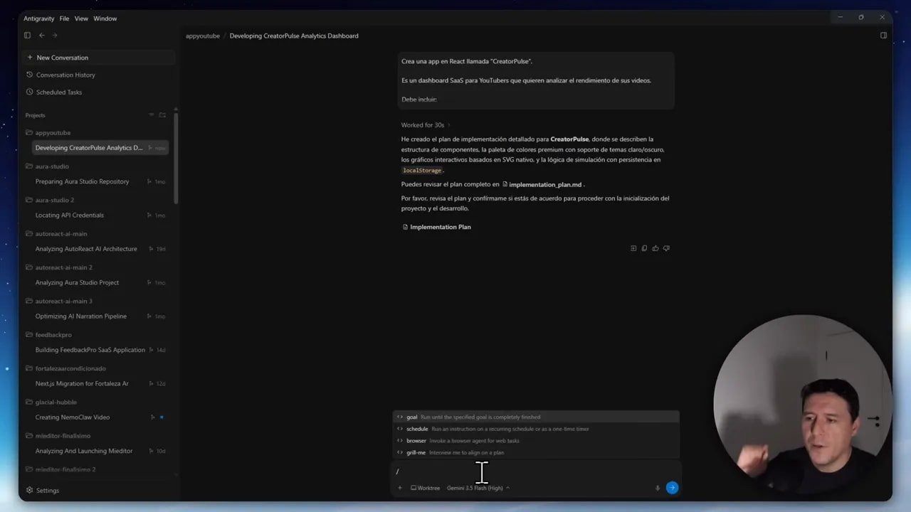 Probé Google Antigravity 2.0 con Gemini 3.5 y no esperaba esto 5 Interfaz de Antigravity 2.0 mostrando el plan de implementación para CreatorPulse
