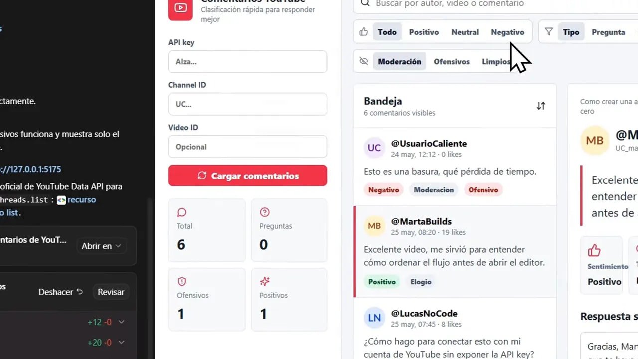 Pantalla de Antigravity con API key y Channel ID y dashboard de comentarios de YouTube con filtros