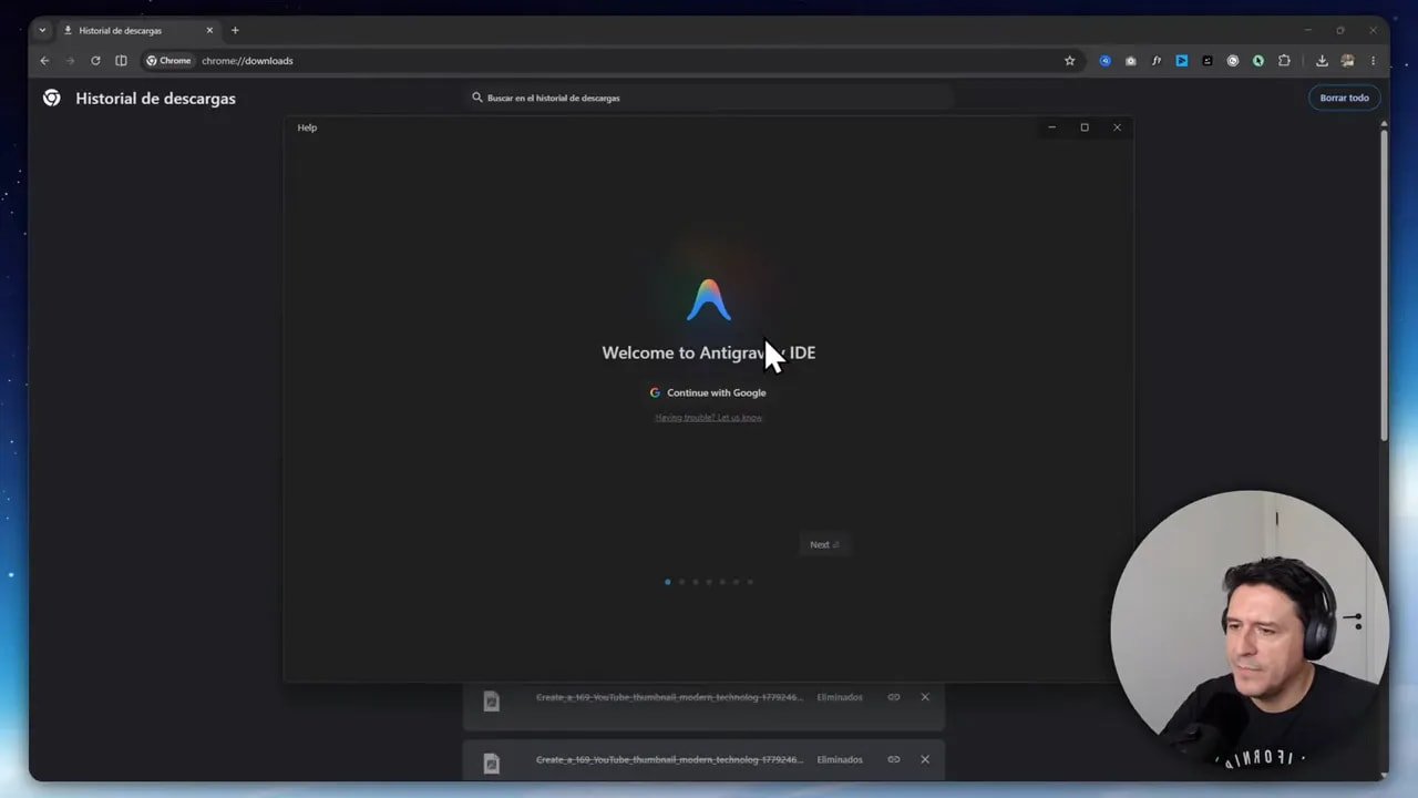 Pantalla de bienvenida de Antigravity IDE con cursor sobre “Continue with Google”