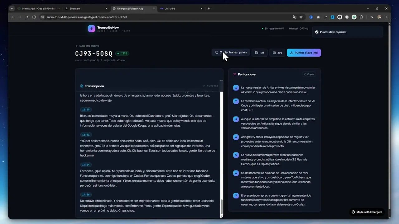 De idea a app con PrimeraApp: cómo convertir una idea en una app web funcional con vibe coding 8 Interfaz de la app de transcripción con panel de transcripción y lista de puntos clave