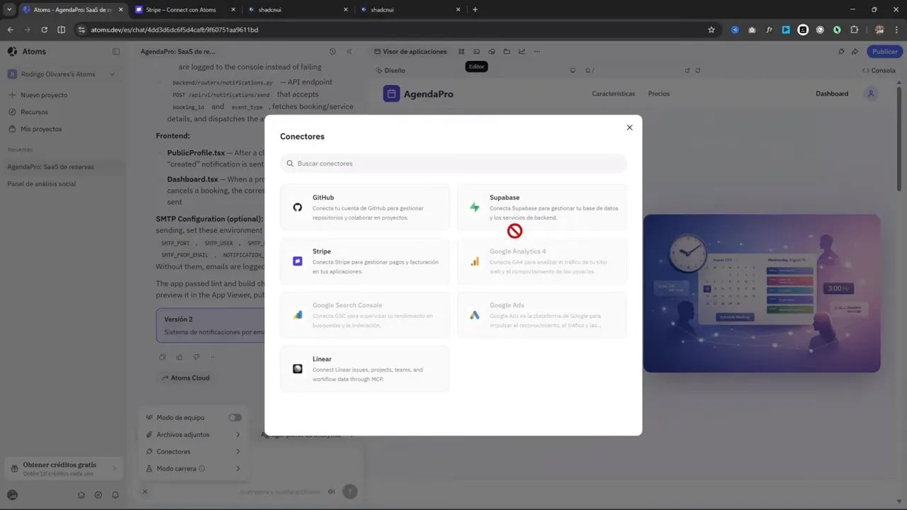 Le pasé mi idea a Atoms y creó una app SaaS completa 10 Lista de conectores en Atoms con GitHub, Supabase, Stripe, Google Analytics, Google Search Console, Google Ads y Linear