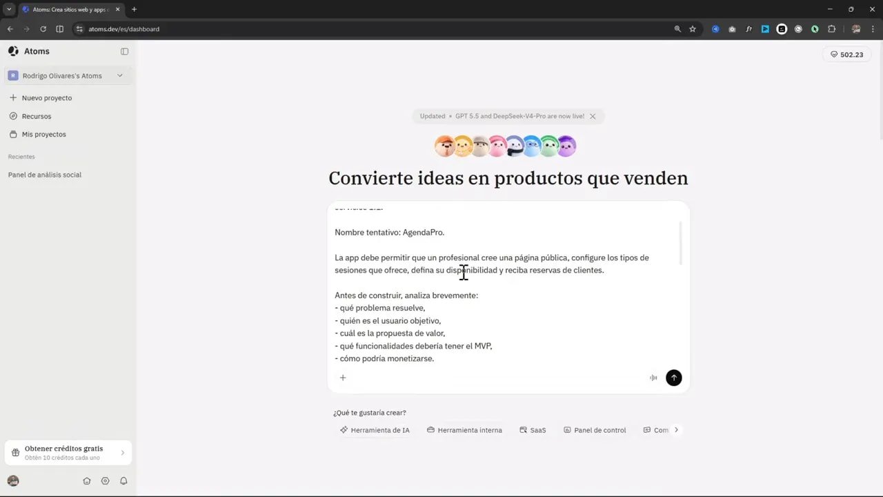 Le pasé mi idea a Atoms y creó una app SaaS completa 2 Atoms mostrando el plan con análisis previo para la app AgendaPro y su MVP