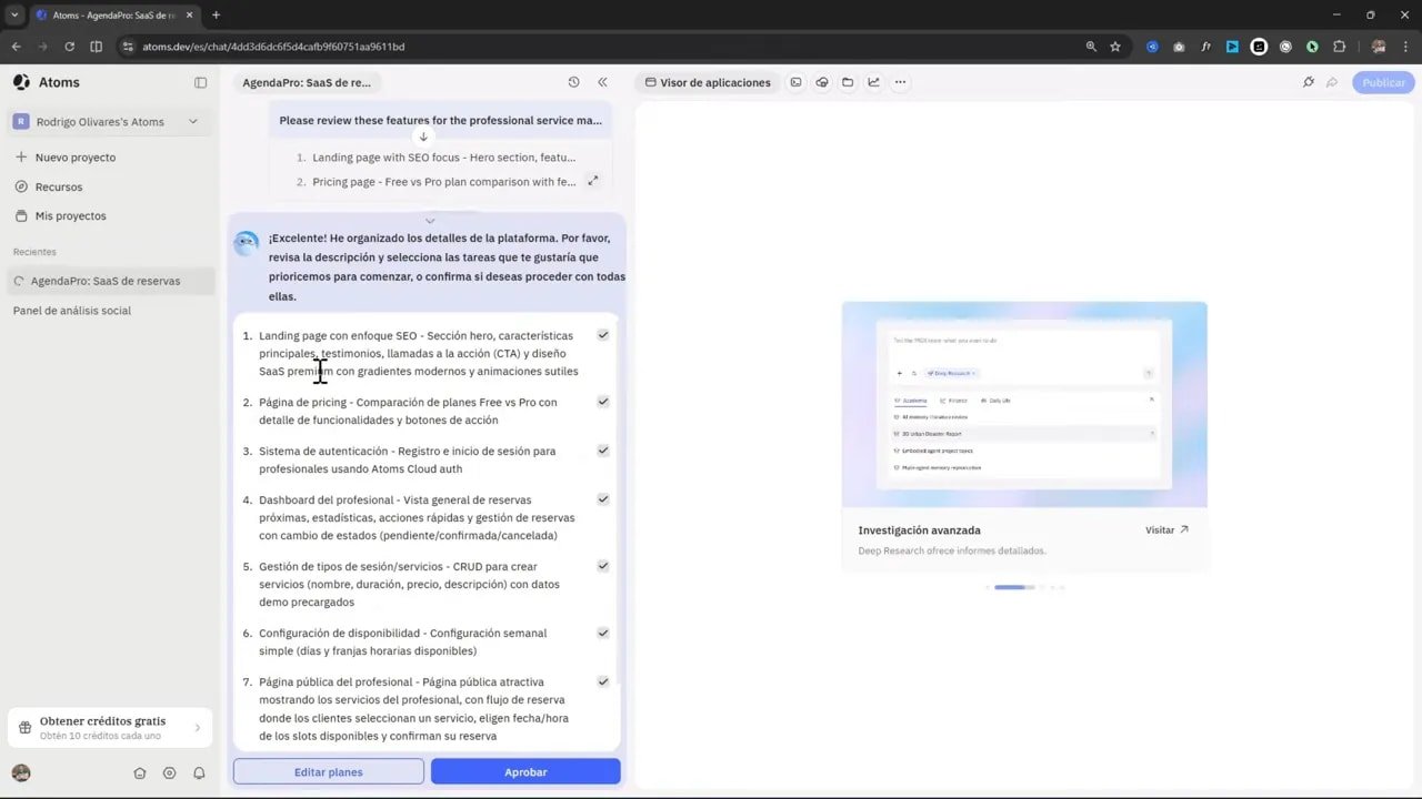 Le pasé mi idea a Atoms y creó una app SaaS completa 3 Listado detallado de features del plan en Atoms para una app SaaS con dashboard privado y reservas