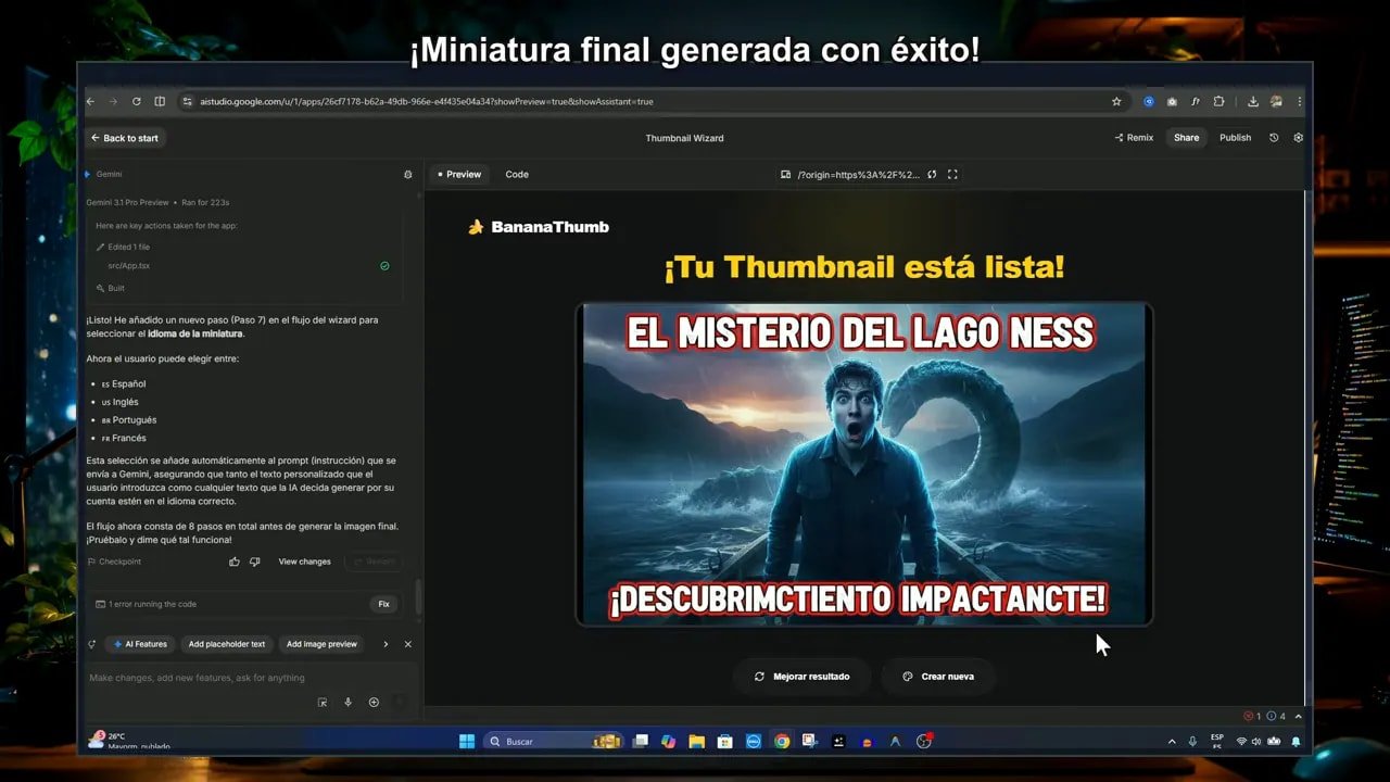 Creando una App de Miniaturas de YouTube con IA usando Google AI Studio 6 Captura del generador BananaThumb con la miniatura final lista y el mensaje “¡Tu Thumbnail está lista!”