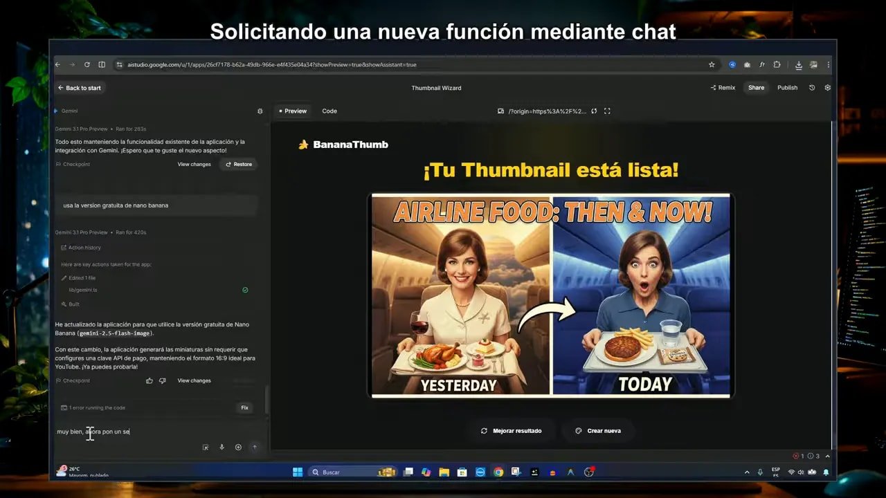 Creando una App de Miniaturas de YouTube con IA usando Google AI Studio 3 BananaThumb en Google AI Studio mostrando “¡Tu Thumbnail está lista!” con el thumbnail generado