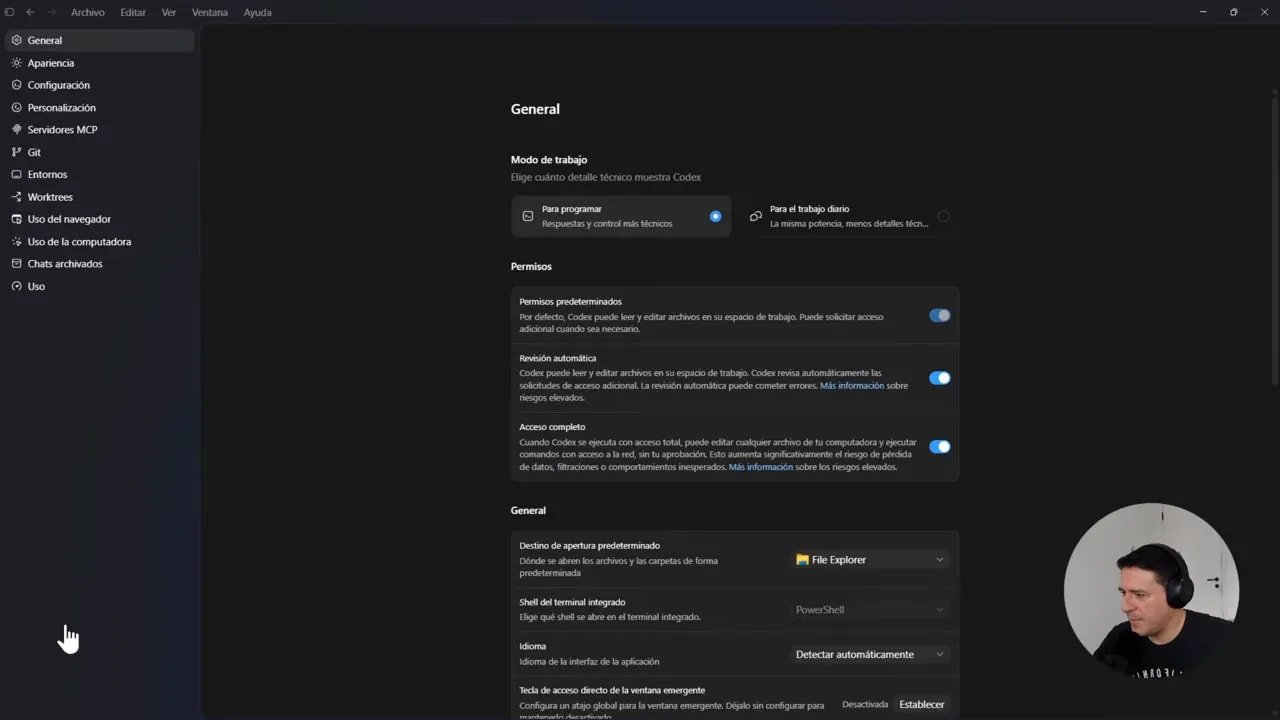 Pantalla de configuración de Codex en la sección General con opciones como “Acceso completo” y ajustes de permisos