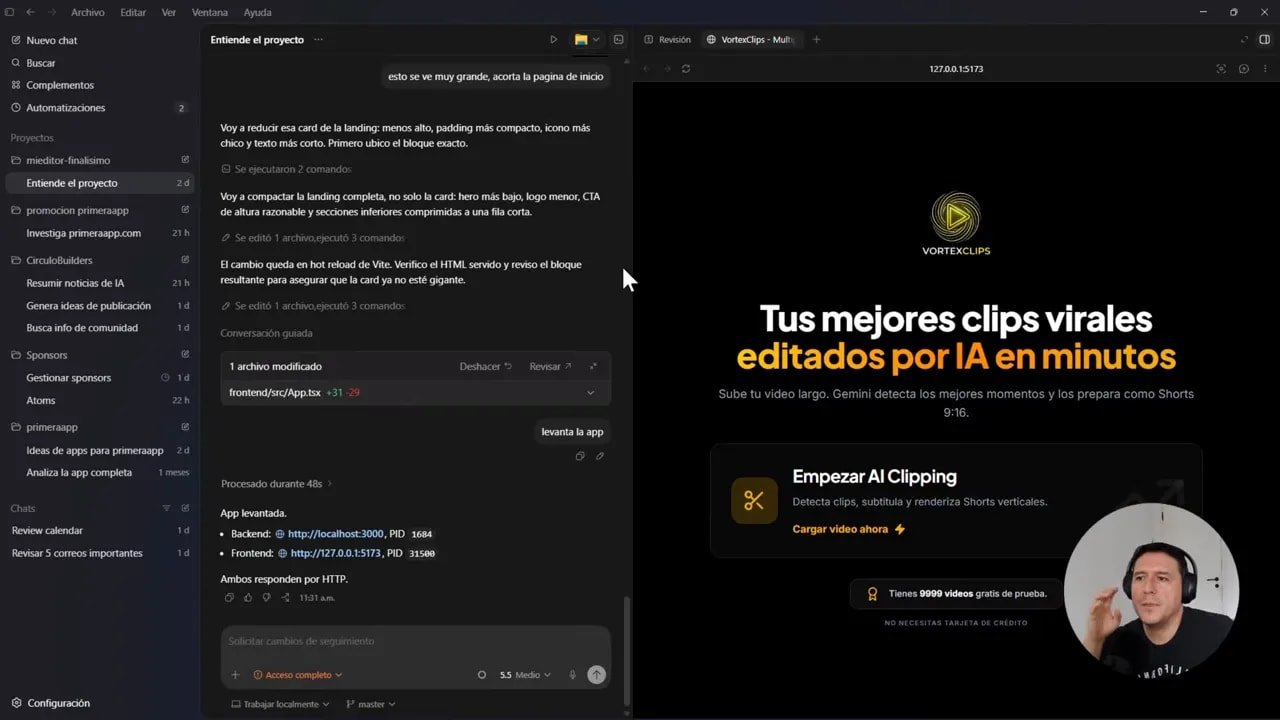 Interfaz de Codex con una tarea en ejecución y vista del proyecto VortexClips: “Tus mejores clips virales editados por IA en minutos”