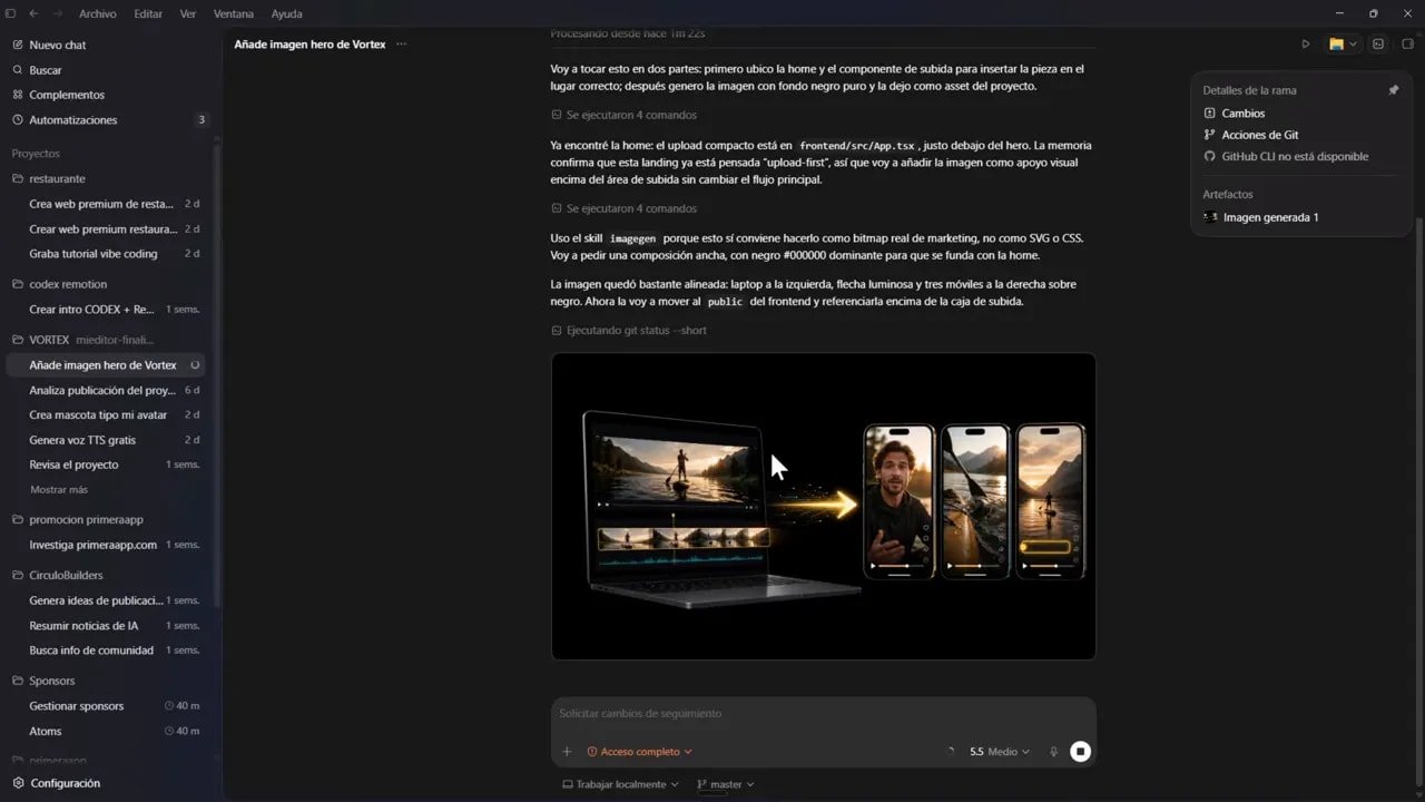 Crea tus propias apps con CODEX y deja de pagar herramientas que ya puedes construir tú mismo 2 Codex generando y colocando la imagen hero de Vortex Clips con fondo negro