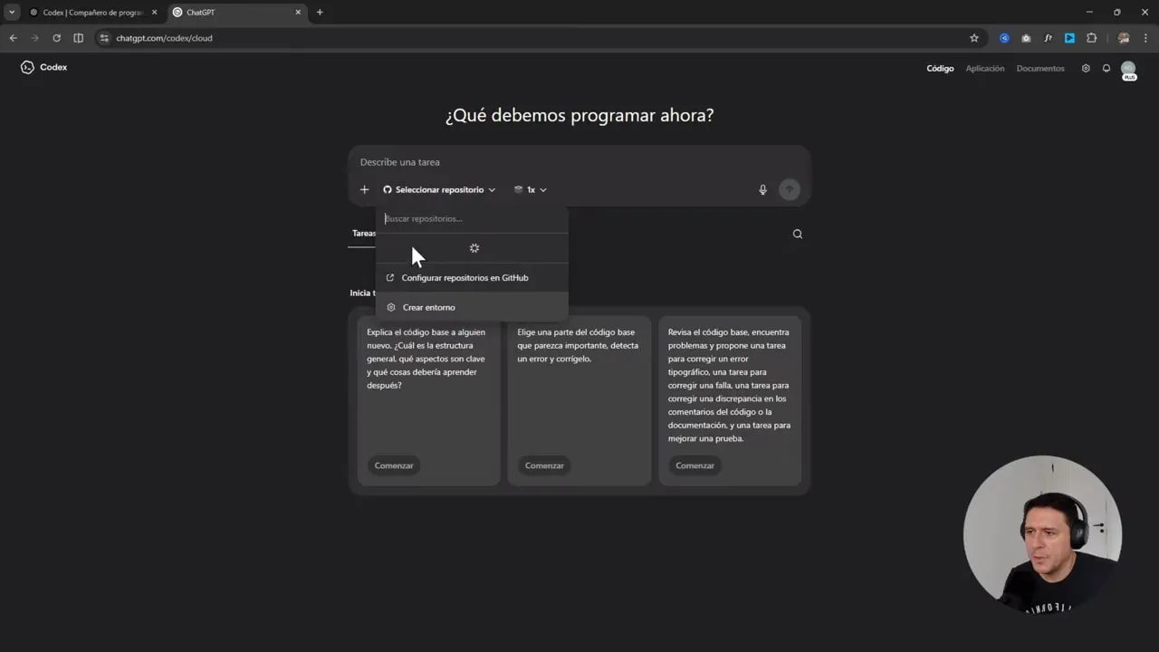 Pantalla de Codex con el prompt para iniciar una tarea y opciones de configuración