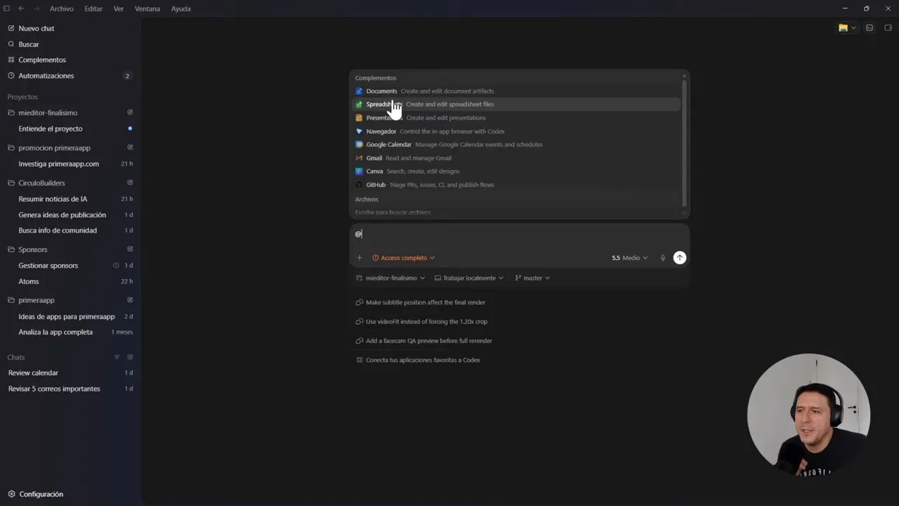 Menú de complementos en Codex mostrando integraciones disponibles