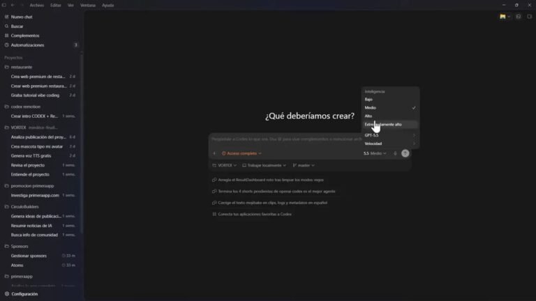 Crea tus propias apps con CODEX y deja de pagar herramientas que ya puedes construir tú mismo 2 Menú en Codex para elegir el nivel de inteligencia (bajo, medio, alto, extremadamente alto)