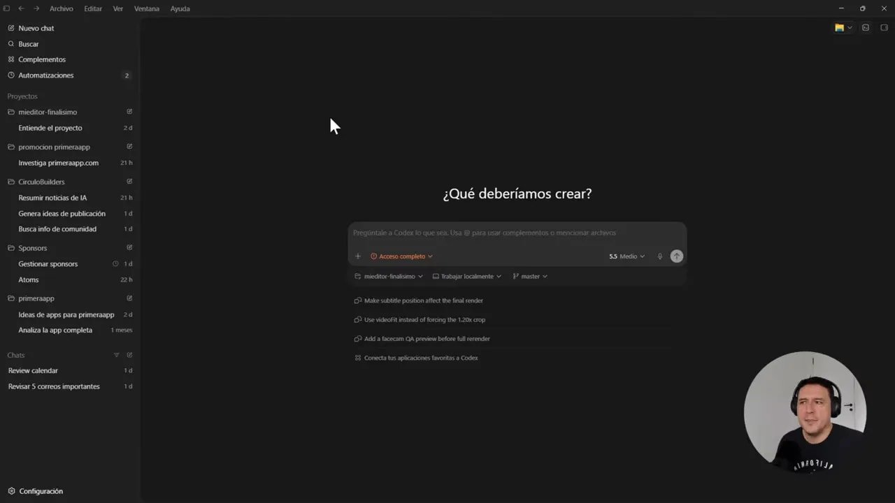 Interfaz de Codex con el prompt “¿Qué deberíamos crear?” y el selector de proyecto