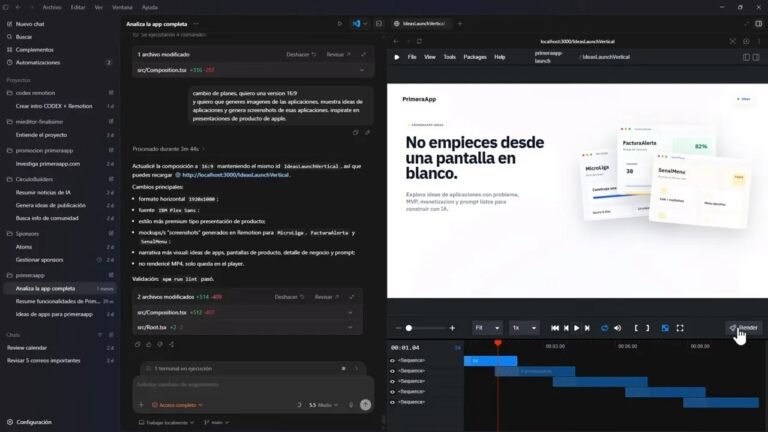 Codex + Remotion: crea videos para lanzar tu app con IA 1 Captura de pantalla de Codex y Remotion mostrando el proceso de iteración y previsualización de un video promocional para la app PrimeraApp