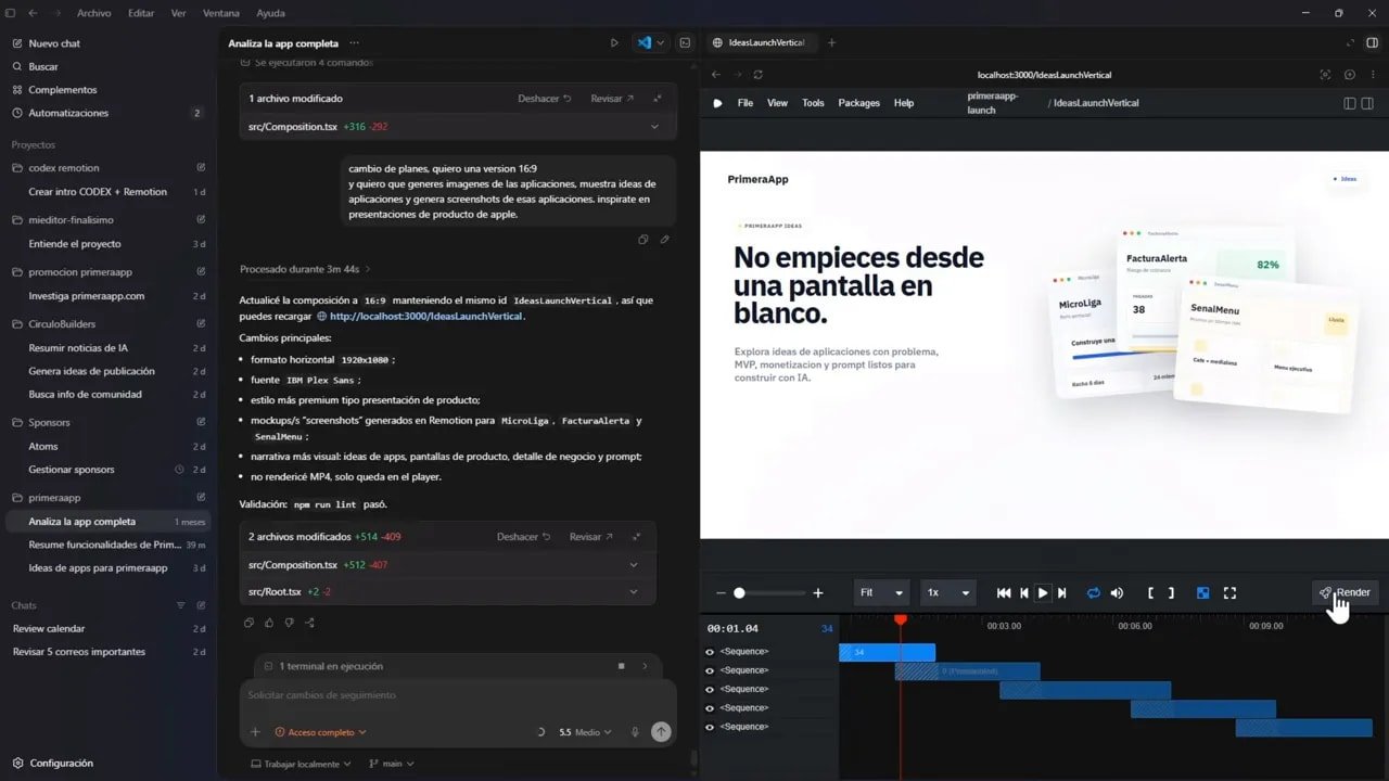 Captura de pantalla de Codex y Remotion mostrando el proceso de iteración y previsualización de un video promocional para la app PrimeraApp