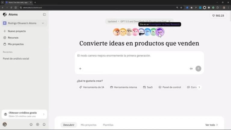 Le pasé mi idea a Atoms y creó una app SaaS completa 4 Dashboard de Atoms con rol “Iris es un Investigador de Deep Research” y modo carrera activado