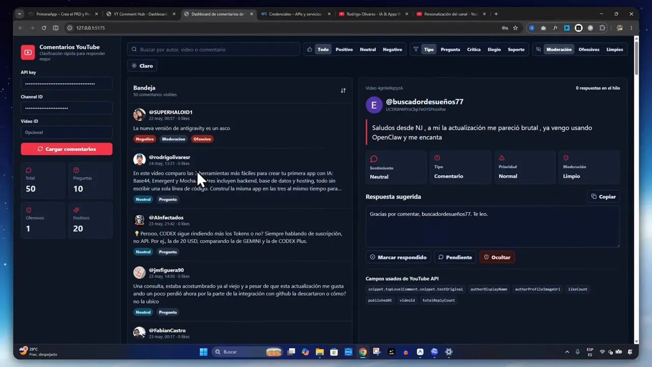 Dashboard de comentarios de YouTube con video relacionado, campos de clasificación y respuesta sugerida