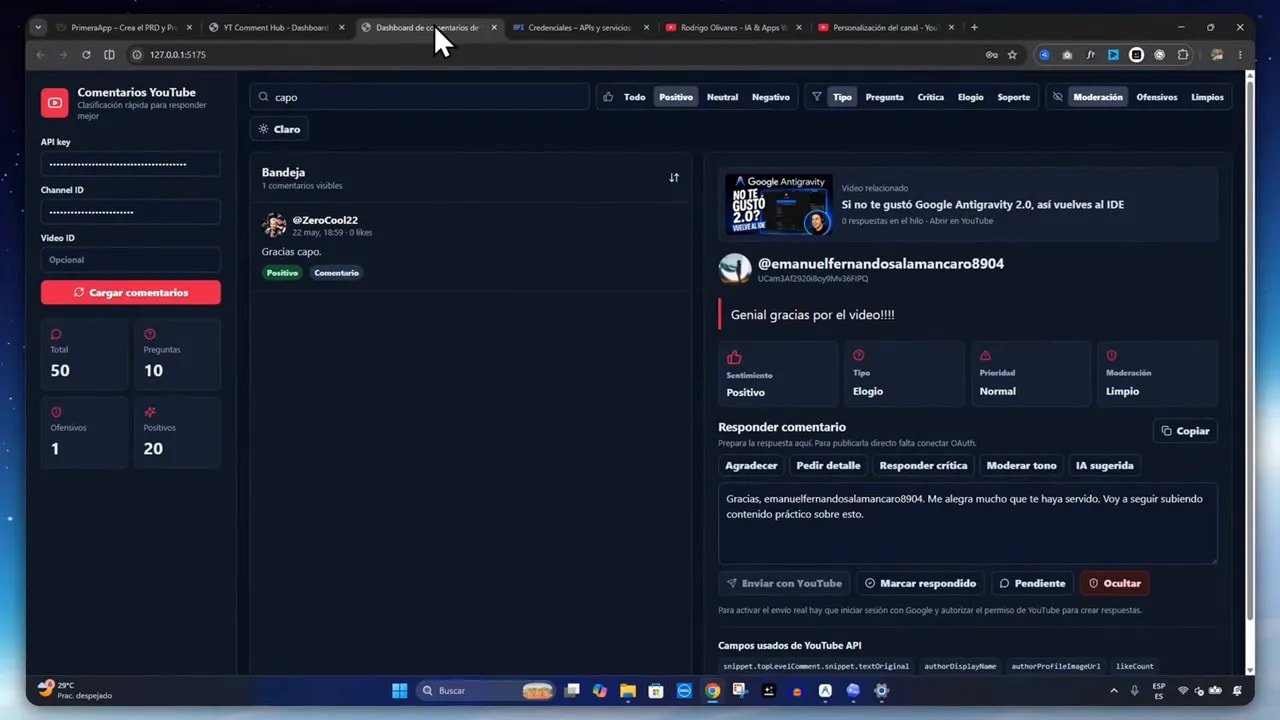Dashboard de comentarios de YouTube con video relacionado, detalle del comentario y opciones de responder con OAuth