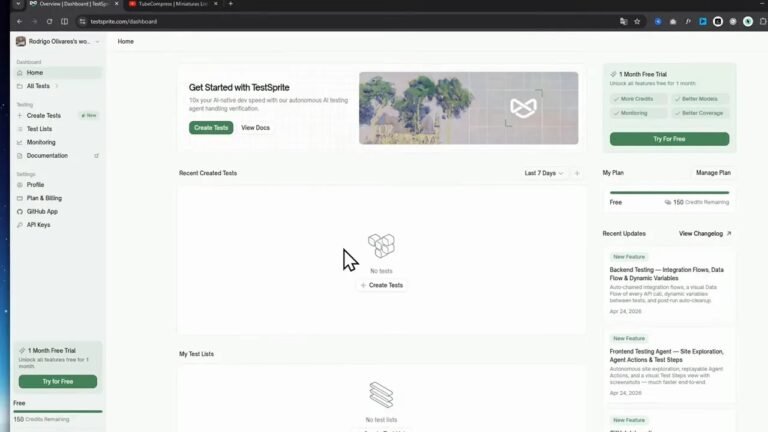 Dashboard de TestSprite mostrando 'No tests' y sección para crear tests