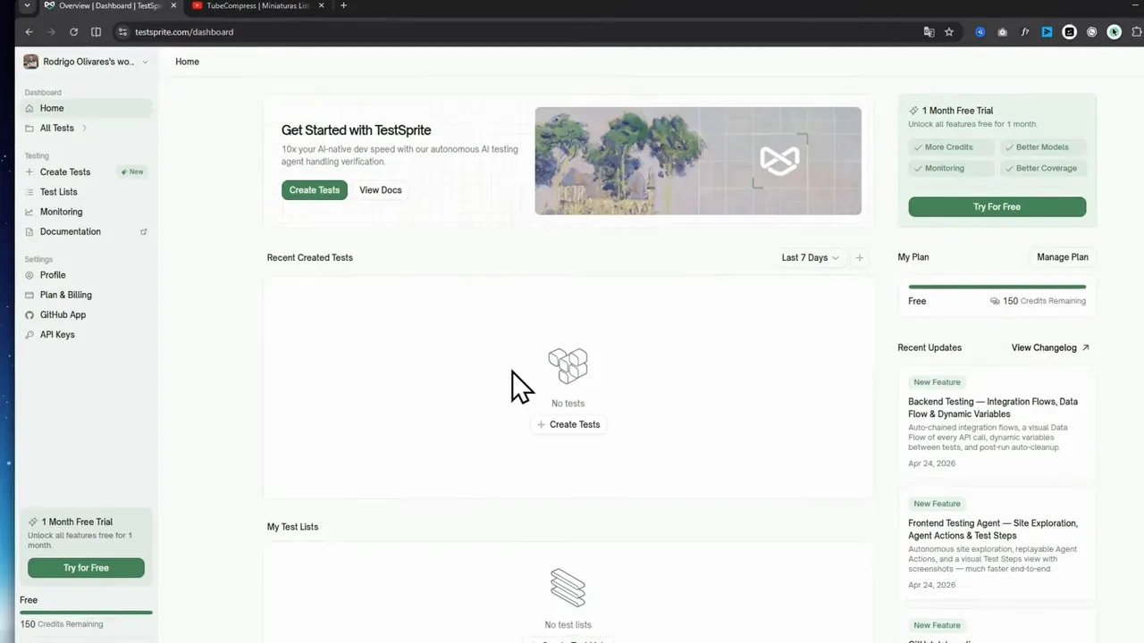 TestSprite 3.0 encuentra bugs ocultos con solo un link y gratis 1 Dashboard de TestSprite mostrando 'No tests' y sección para crear tests