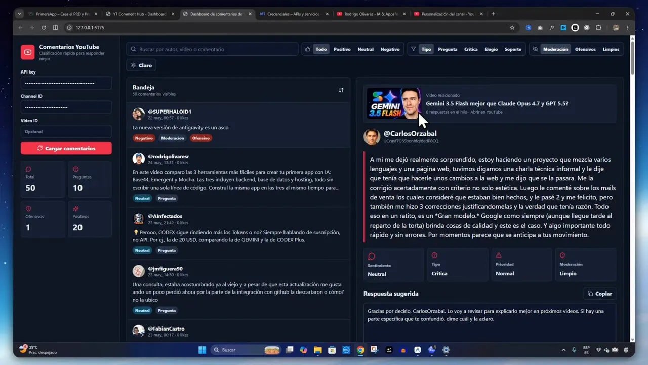 Detalle de comentario en dashboard con video relacionado, campos de clasificación y respuesta sugerida
