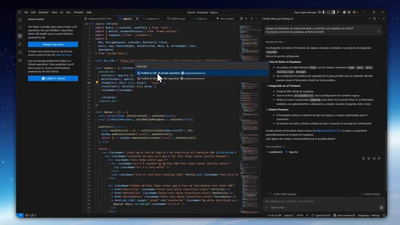 Editor con código y panel de instrucciones para integrar formularios y lógica en Supabase