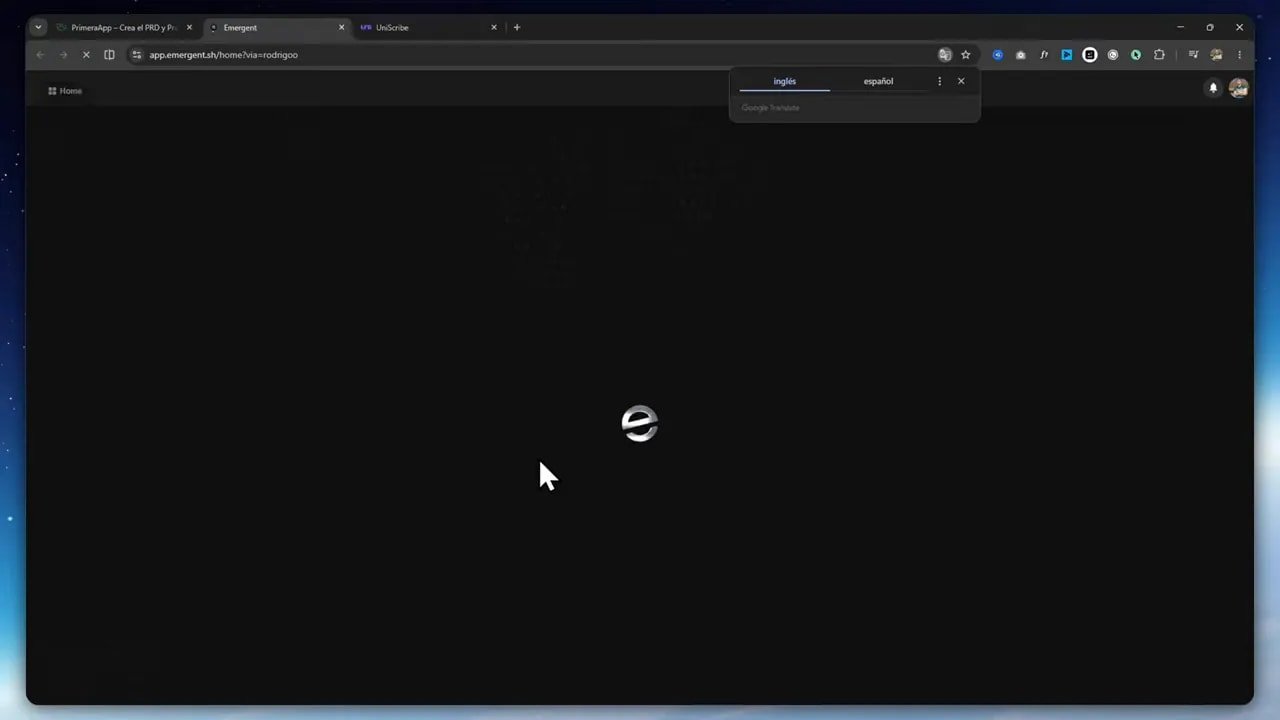 De idea a app con PrimeraApp: cómo convertir una idea en una app web funcional con vibe coding 3 Pantalla de carga en Emergent al iniciar la generación de la app desde un prompt