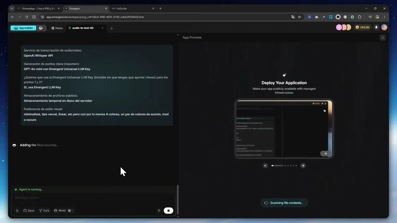 De idea a app con PrimeraApp: cómo convertir una idea en una app web funcional con vibe coding 5 Captura de Emergent en modo despliegue mostrando “Deploy Your Application” para la app de transcripción