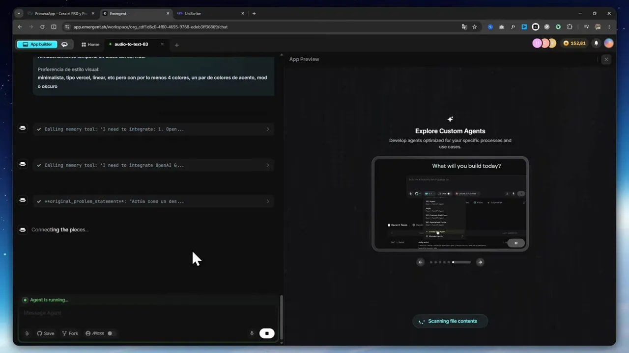 De idea a app con PrimeraApp: cómo convertir una idea en una app web funcional con vibe coding 6 Emergent mostrando el agente y la app preview mientras se escanean los contenidos del archivo de transcripción