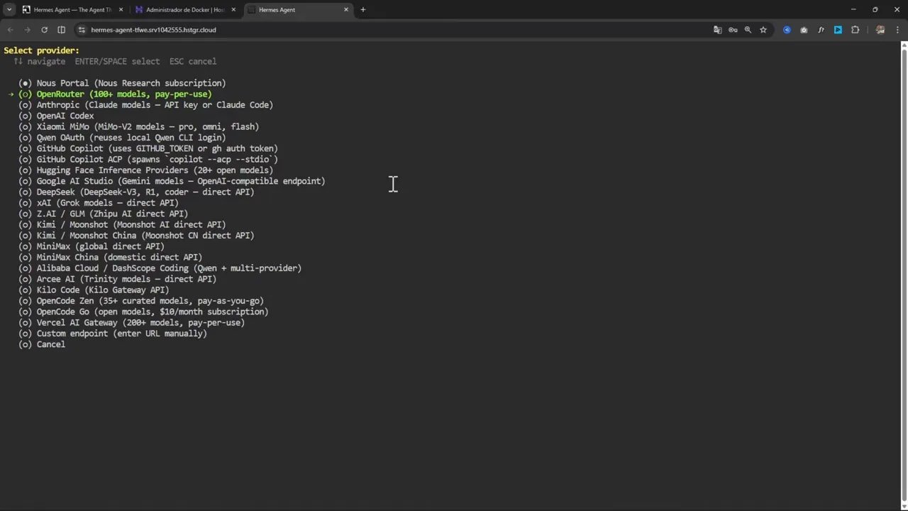 Cómo instalar Hermes Agent en tu VPS Hostinger y usarlo desde Telegram 4 Hermes Agent mostrando la opción OpenRouter en el menú de proveedores