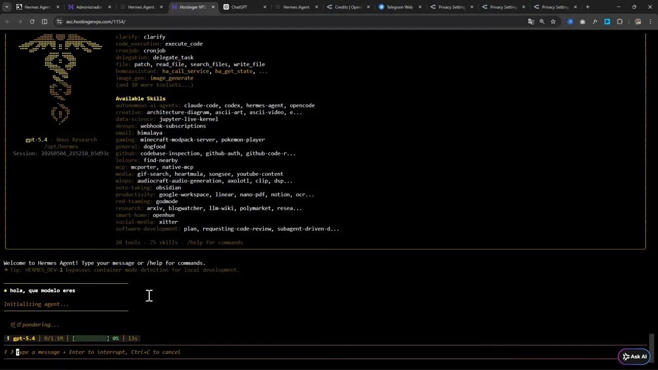 Cómo instalar Hermes Agent en tu VPS Hostinger y usarlo desde Telegram 10 Hermes Agent iniciando la respuesta a la pregunta “hola, que modelo eres” en terminal