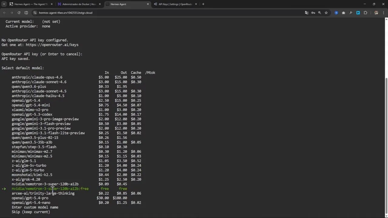 Cómo instalar Hermes Agent en tu VPS Hostinger y usarlo desde Telegram 5 Menú de modelos en Hermes (OpenRouter) con lista de proveedores y costos por token